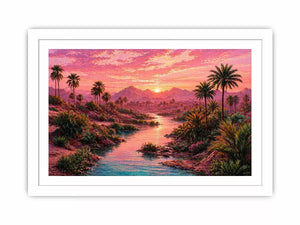 desert oasis landscape with pink sunset sky and palm trees Canvas Print canvas