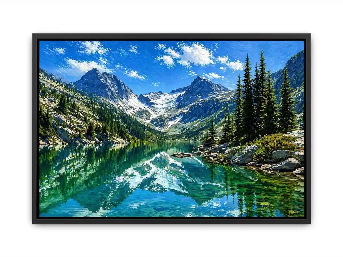 alpine mountain lake reflection landscape Canvas Print canvas with trees and peaks