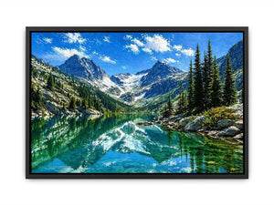 alpine mountain lake reflection landscape Canvas Print canvas with trees and peaks