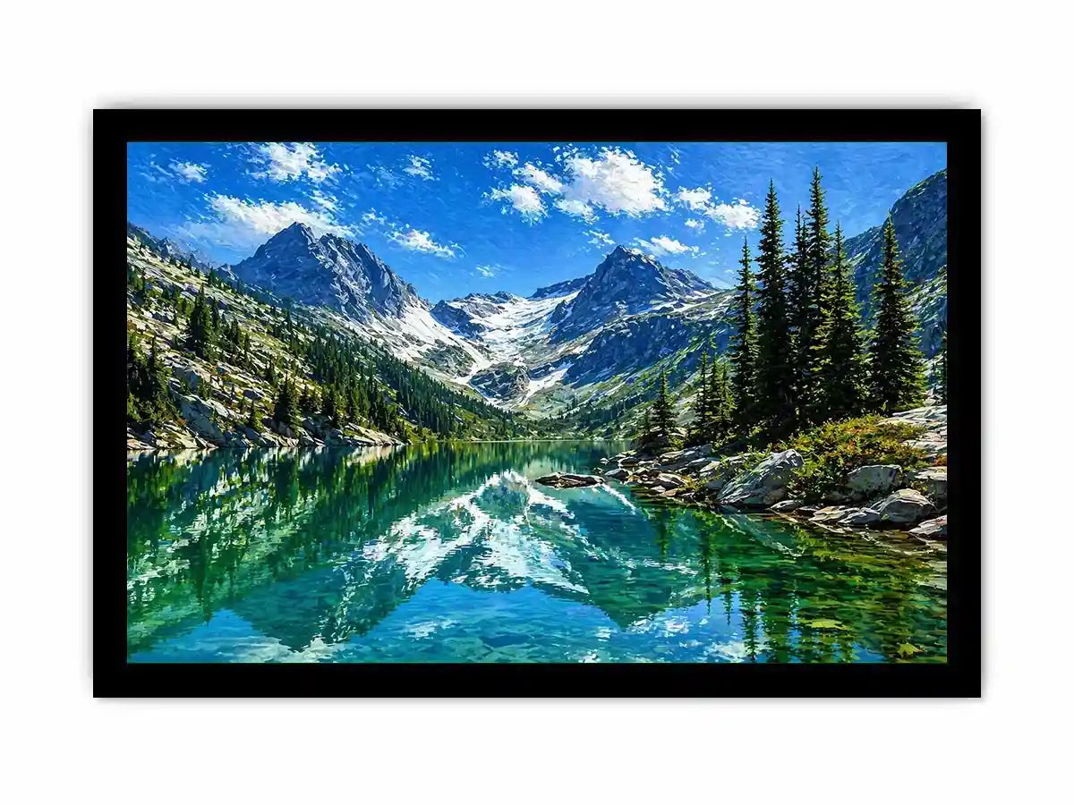 alpine mountain lake reflection landscape wall art canvas with trees and peaks