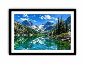 alpine mountain lake reflection landscape Canvas Print canvas with trees and peaks