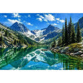 alpine mountain lake reflection landscape wall art canvas with trees and peaks