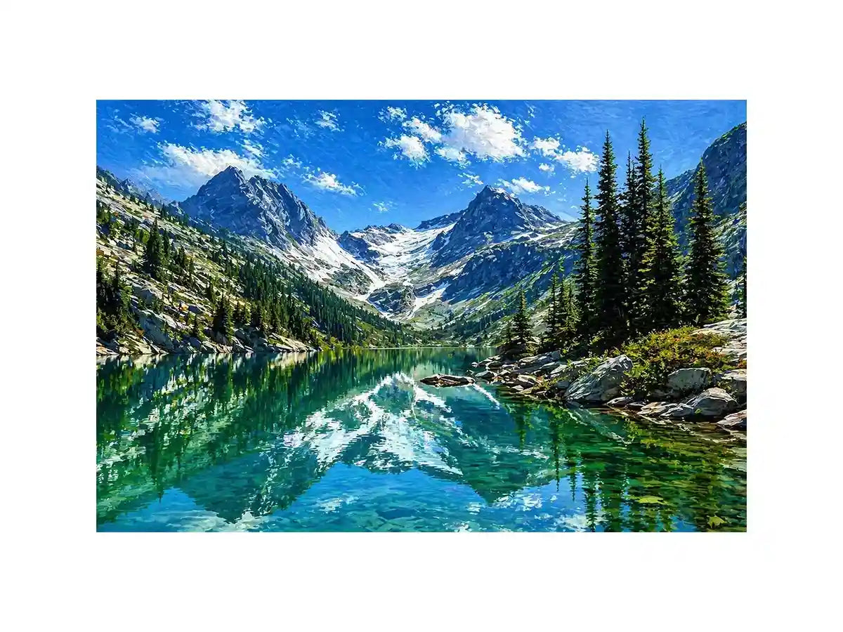 alpine mountain lake reflection landscape Canvas Print canvas with trees and peaks