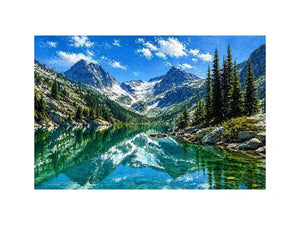 alpine mountain lake reflection landscape Canvas Print canvas with trees and peaks