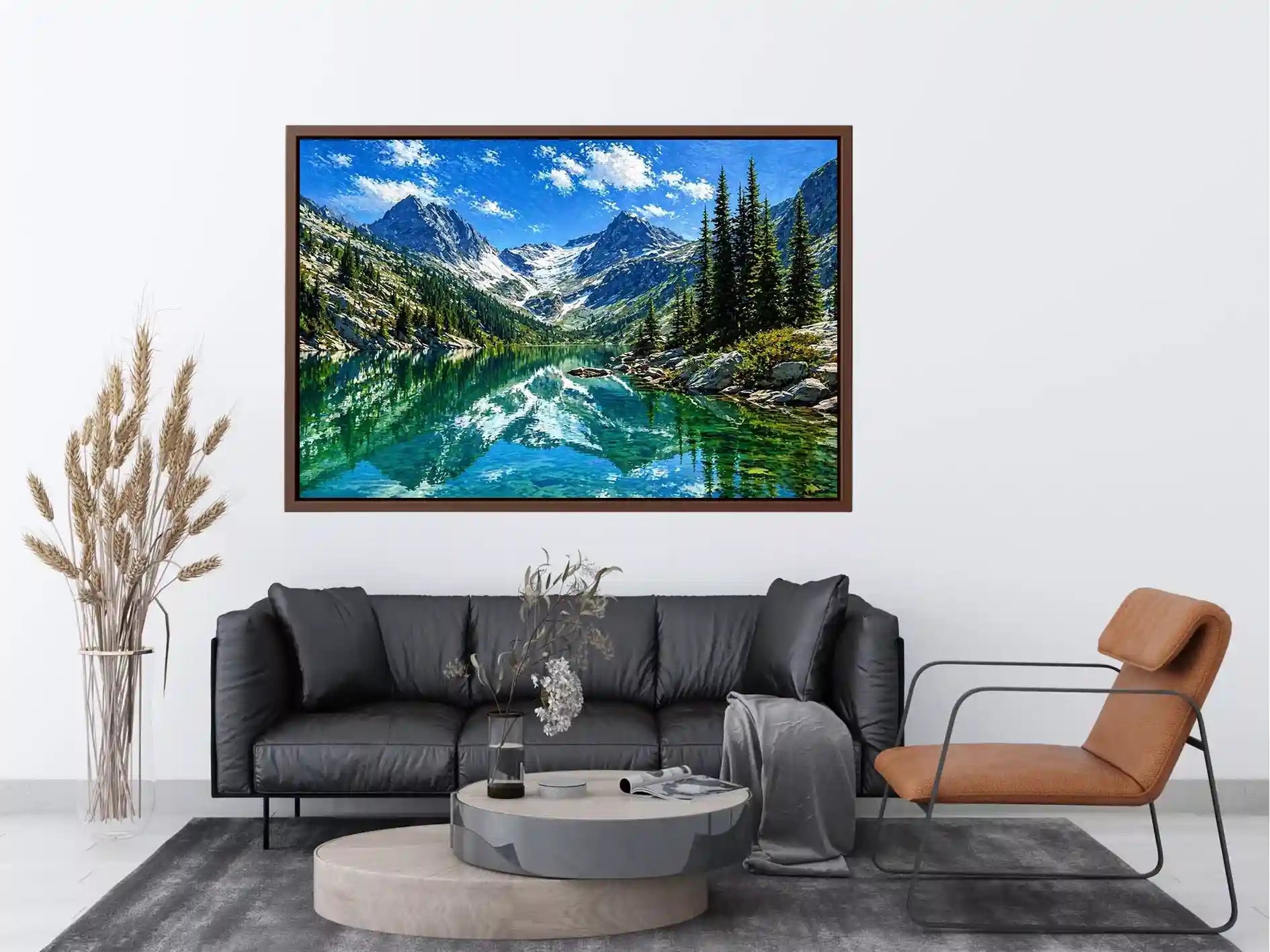 alpine mountain lake reflection landscape Canvas Print canvas with trees and peaks
