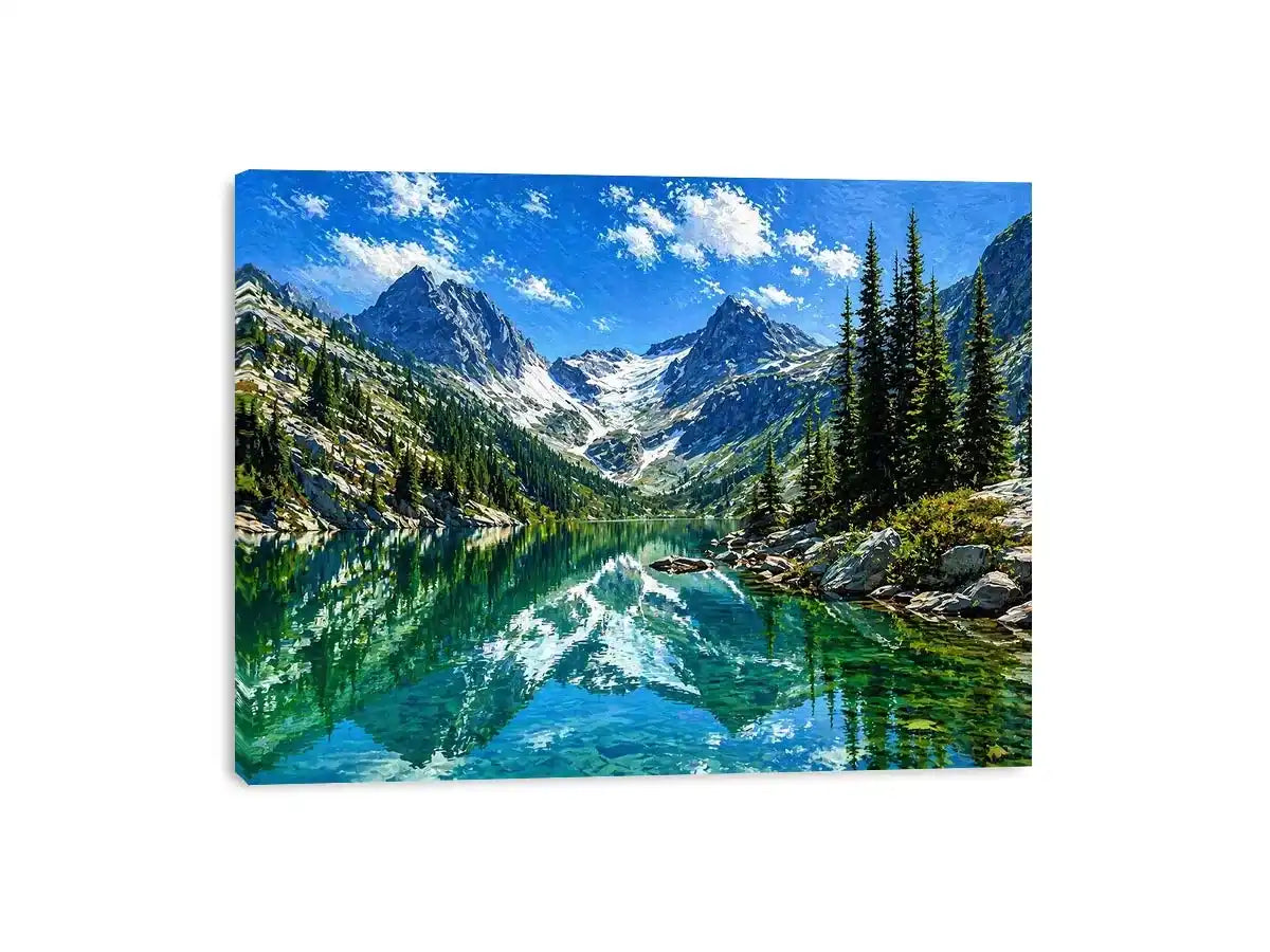 alpine mountain lake reflection landscape Canvas Print canvas with trees and peaks
