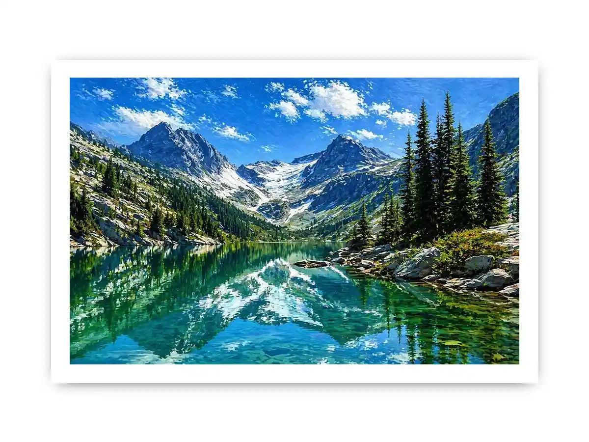 alpine mountain lake reflection landscape Canvas Print canvas with trees and peaks