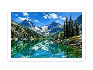 alpine mountain lake reflection landscape Canvas Print canvas with trees and peaks