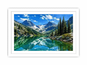 alpine mountain lake reflection landscape Canvas Print canvas with trees and peaks