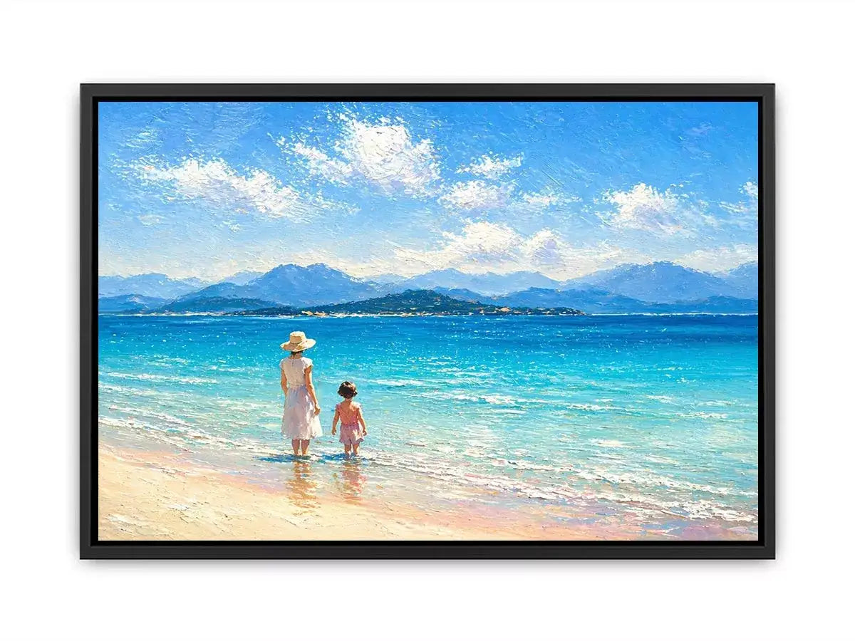 serene beach scene with woman and child ocean Canvas Print canvas