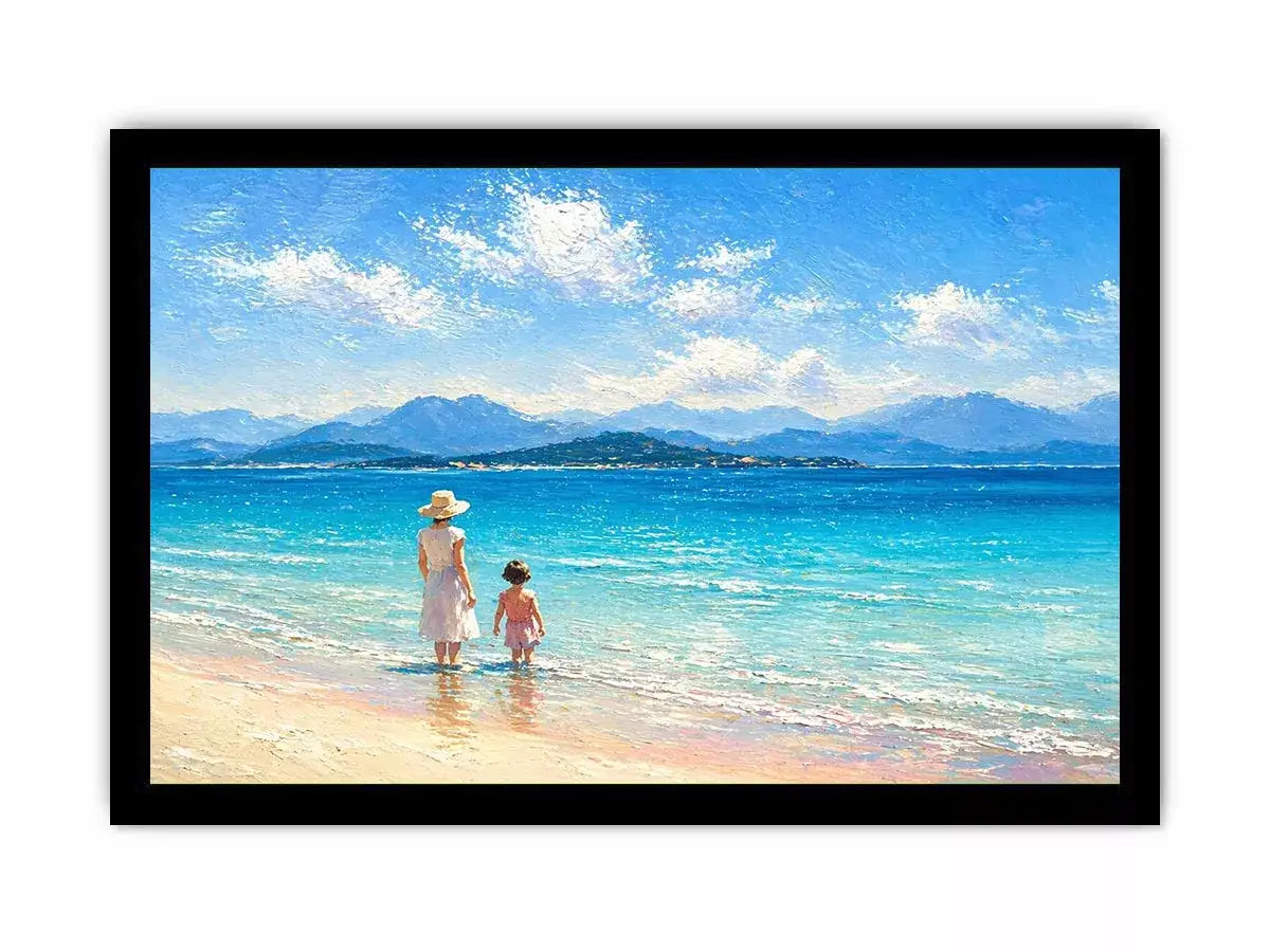 serene beach scene with woman and child ocean Canvas Print canvas