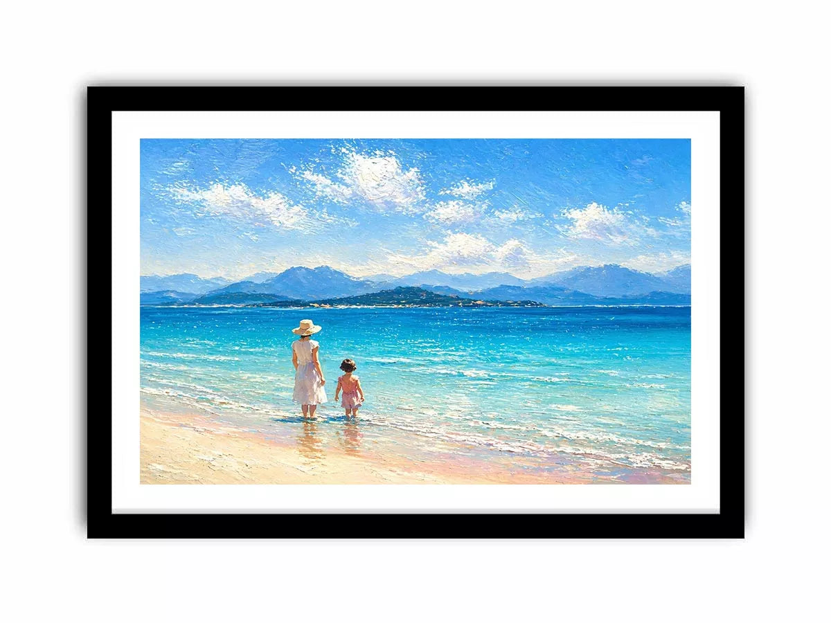 serene beach scene with woman and child ocean Canvas Print canvas