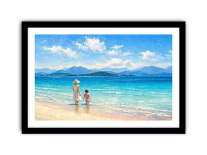 serene beach scene with woman and child ocean Canvas Print canvas