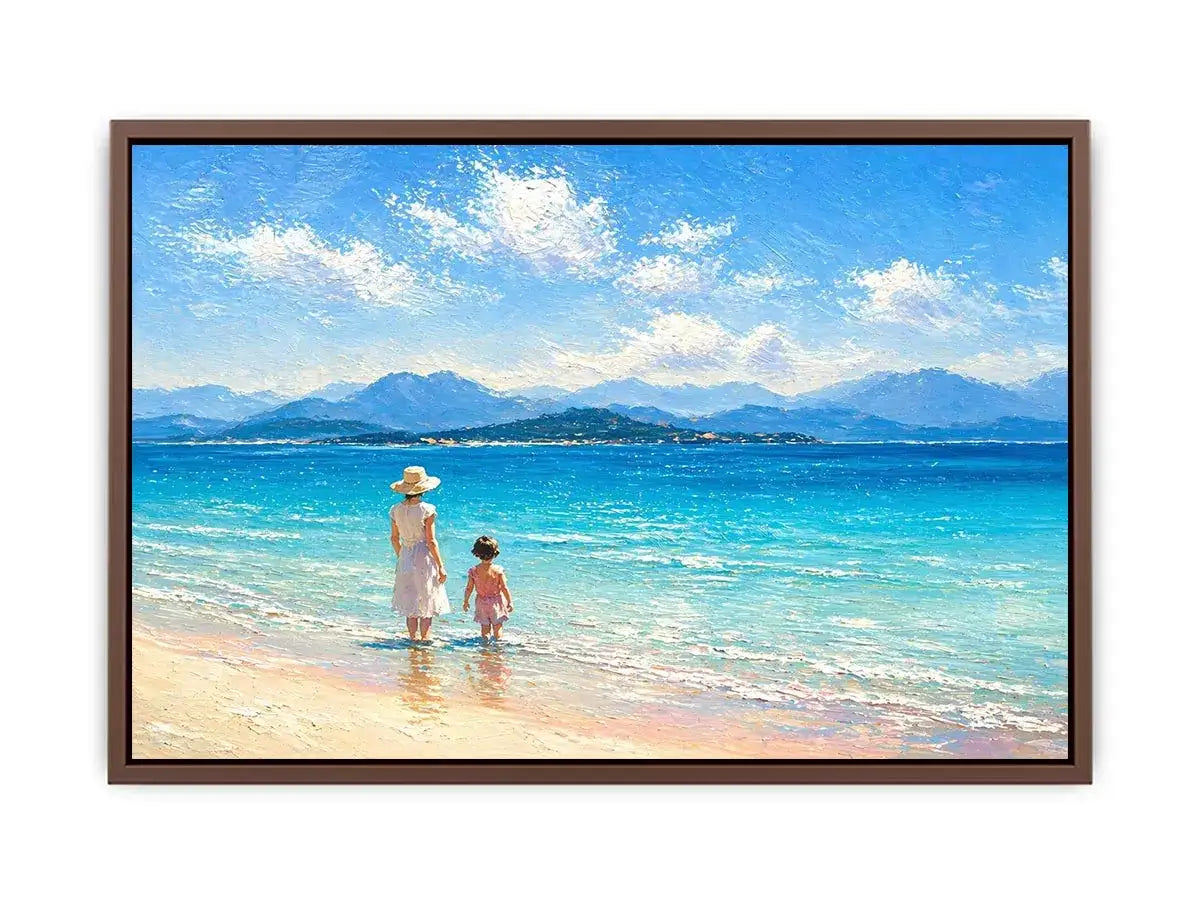 serene beach scene with woman and child ocean Canvas Print canvas