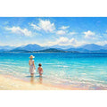 serene beach scene with woman and child ocean Canvas Print canvas