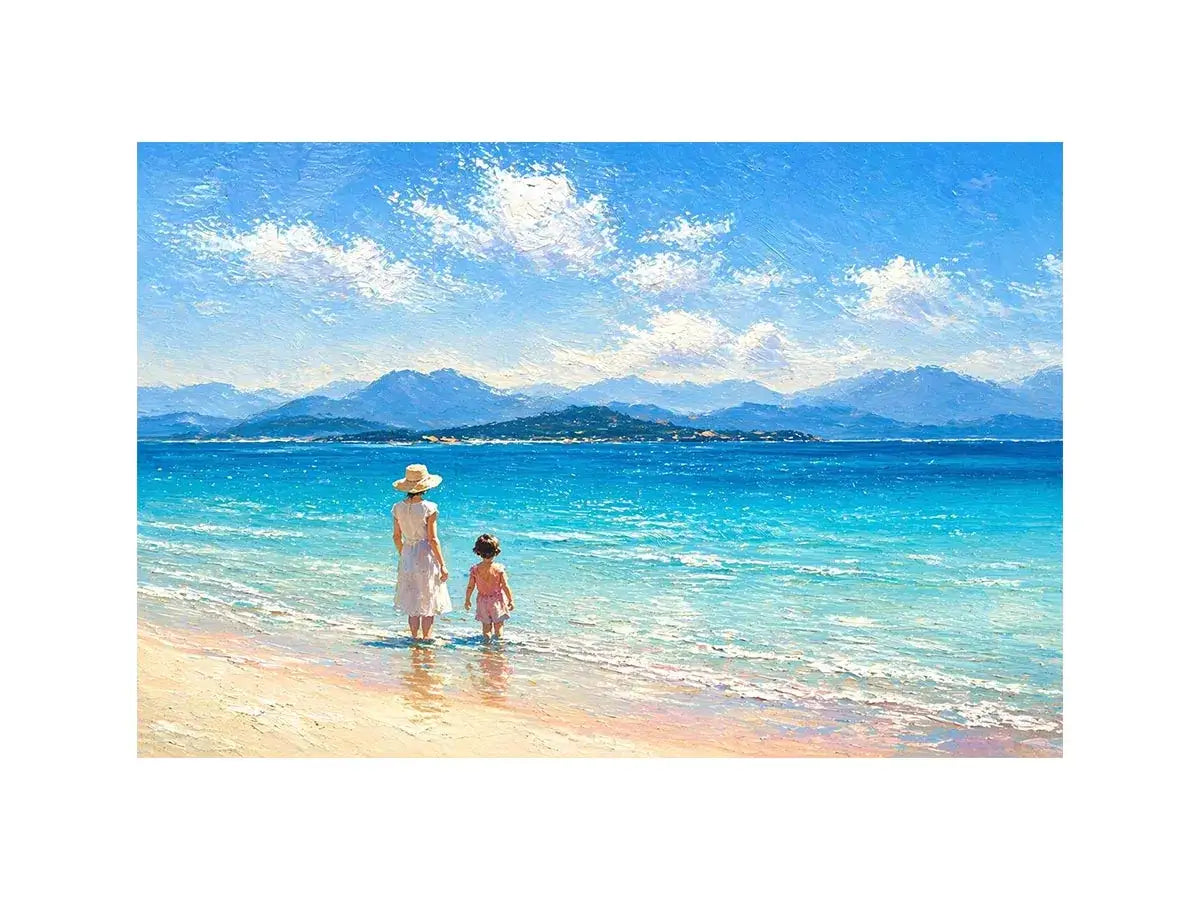 serene beach scene with woman and child ocean Canvas Print canvas