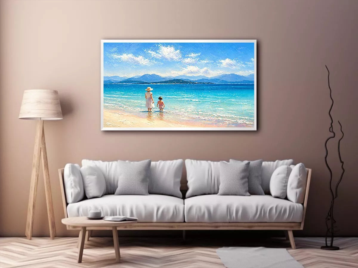 serene beach scene with woman and child ocean Canvas Print canvas