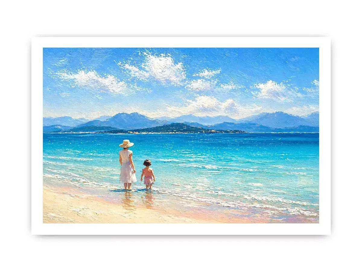 serene beach scene with woman and child ocean Canvas Print canvas