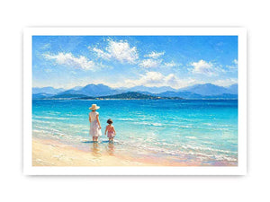 serene beach scene with woman and child ocean Canvas Print canvas