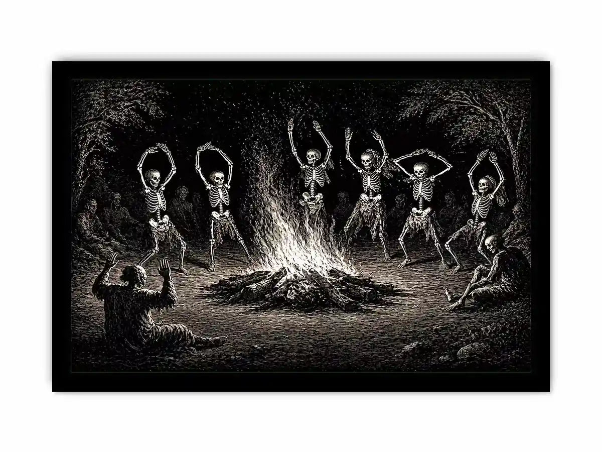 vintage skeleton dance around fire gothic Canvas Print canvas