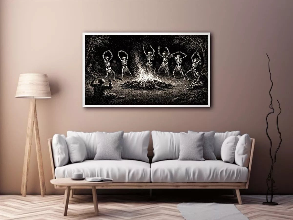 vintage skeleton dance around fire gothic Canvas Print canvas