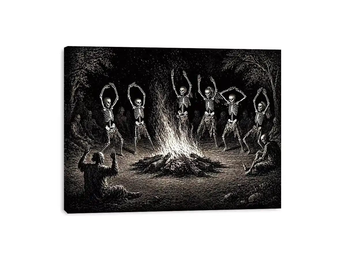 vintage skeleton dance around fire gothic Canvas Print canvas