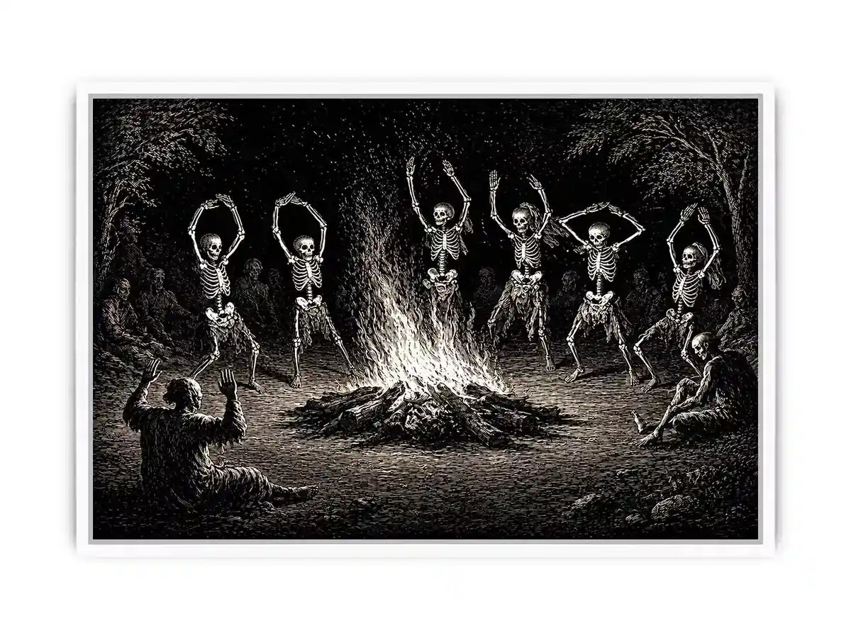 vintage skeleton dance around fire gothic Canvas Print canvas