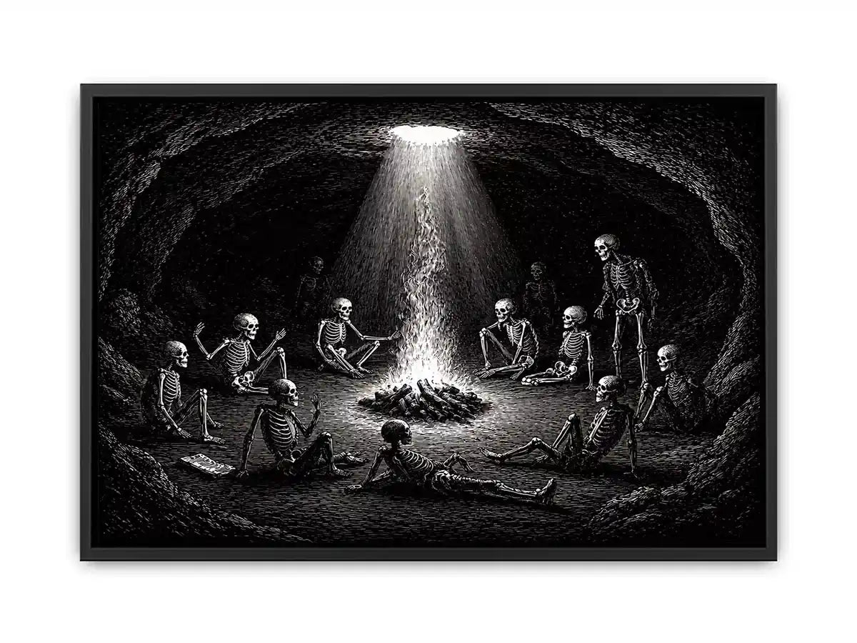 gothic skeleton ritual around fire vintage engraving Canvas Print canvas