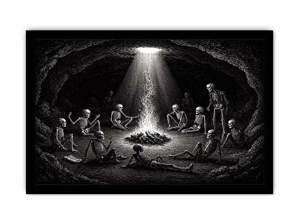 gothic skeleton ritual around fire vintage engraving Canvas Print canvas