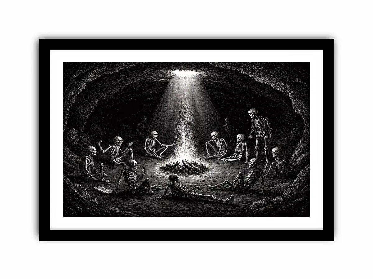 gothic skeleton ritual around fire vintage engraving Canvas Print canvas