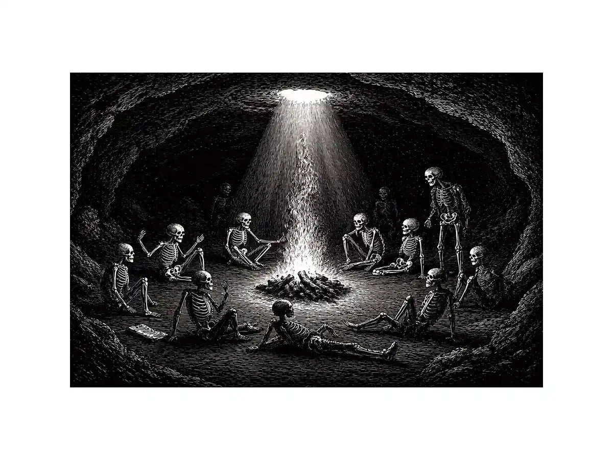 gothic skeleton ritual around fire vintage engraving Canvas Print canvas