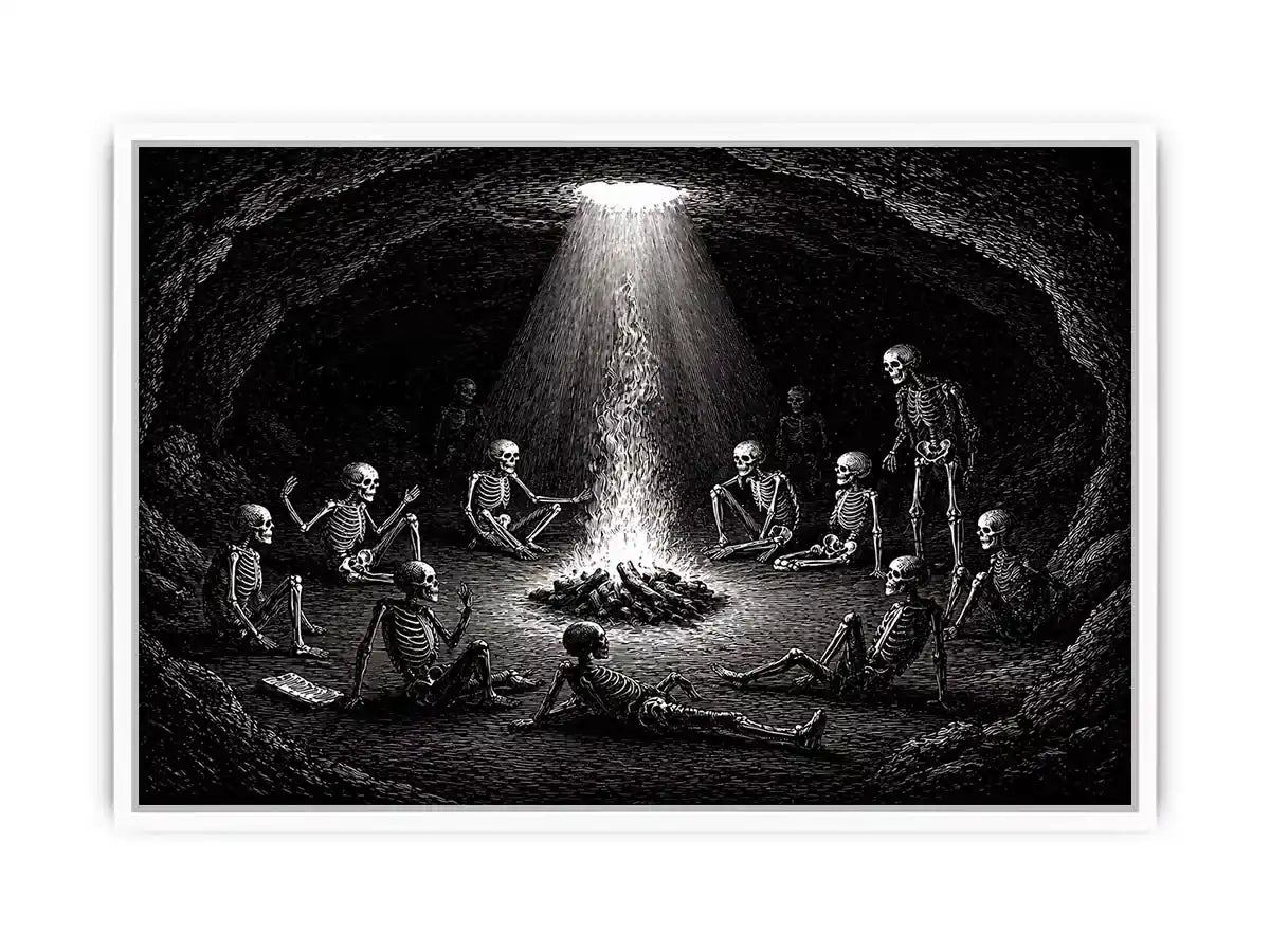 gothic skeleton ritual around fire vintage engraving Canvas Print canvas