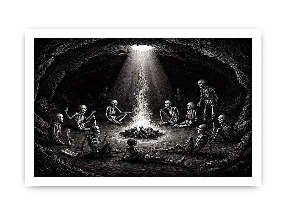 gothic skeleton ritual around fire vintage engraving Canvas Print canvas