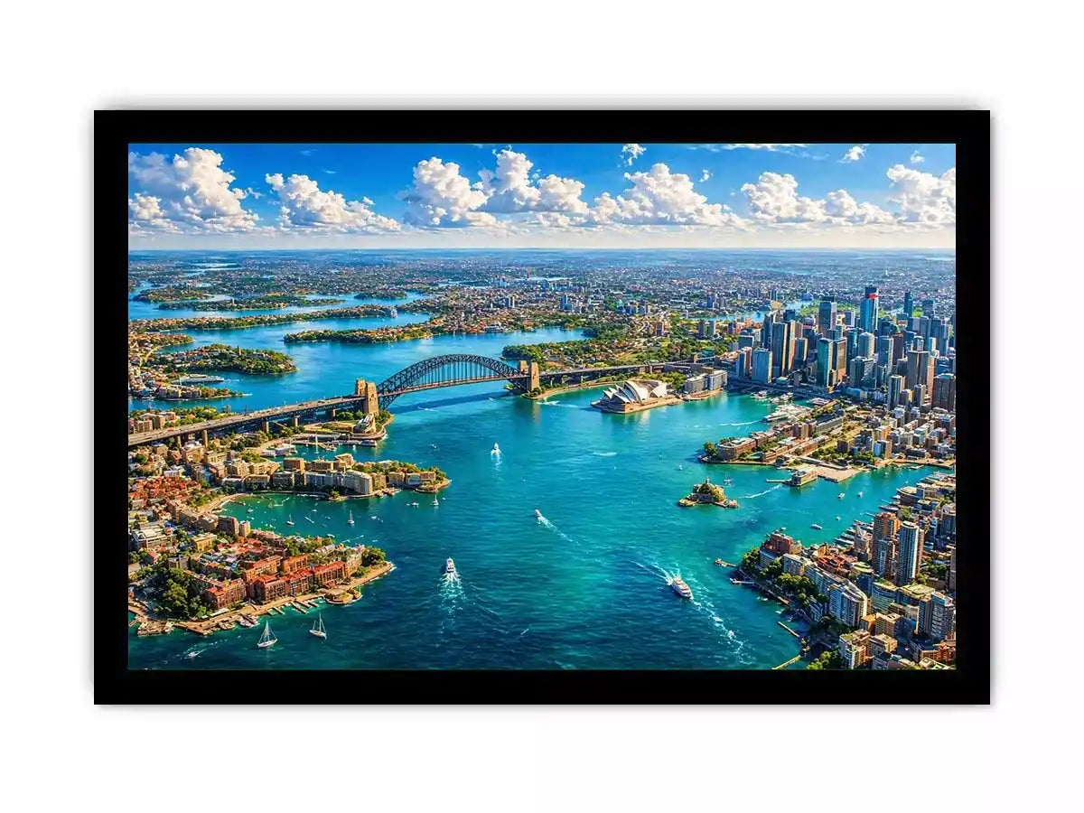 Sydney Harbour Bridge aerial cityscape coastal modern Canvas Print canvas with blue ocean skyline
