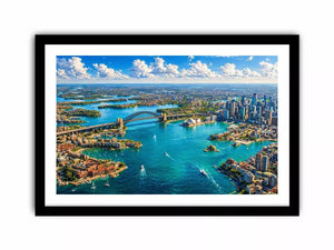 Sydney Harbour Bridge aerial cityscape coastal modern Canvas Print canvas with blue ocean skyline
