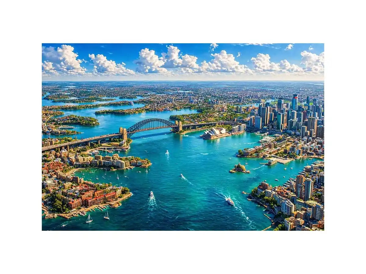 Sydney Harbour Bridge aerial cityscape coastal modern Canvas Print canvas with blue ocean skyline