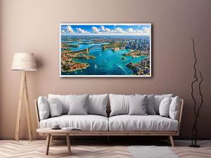 Sydney Harbour Bridge aerial cityscape coastal modern Canvas Print canvas with blue ocean skyline