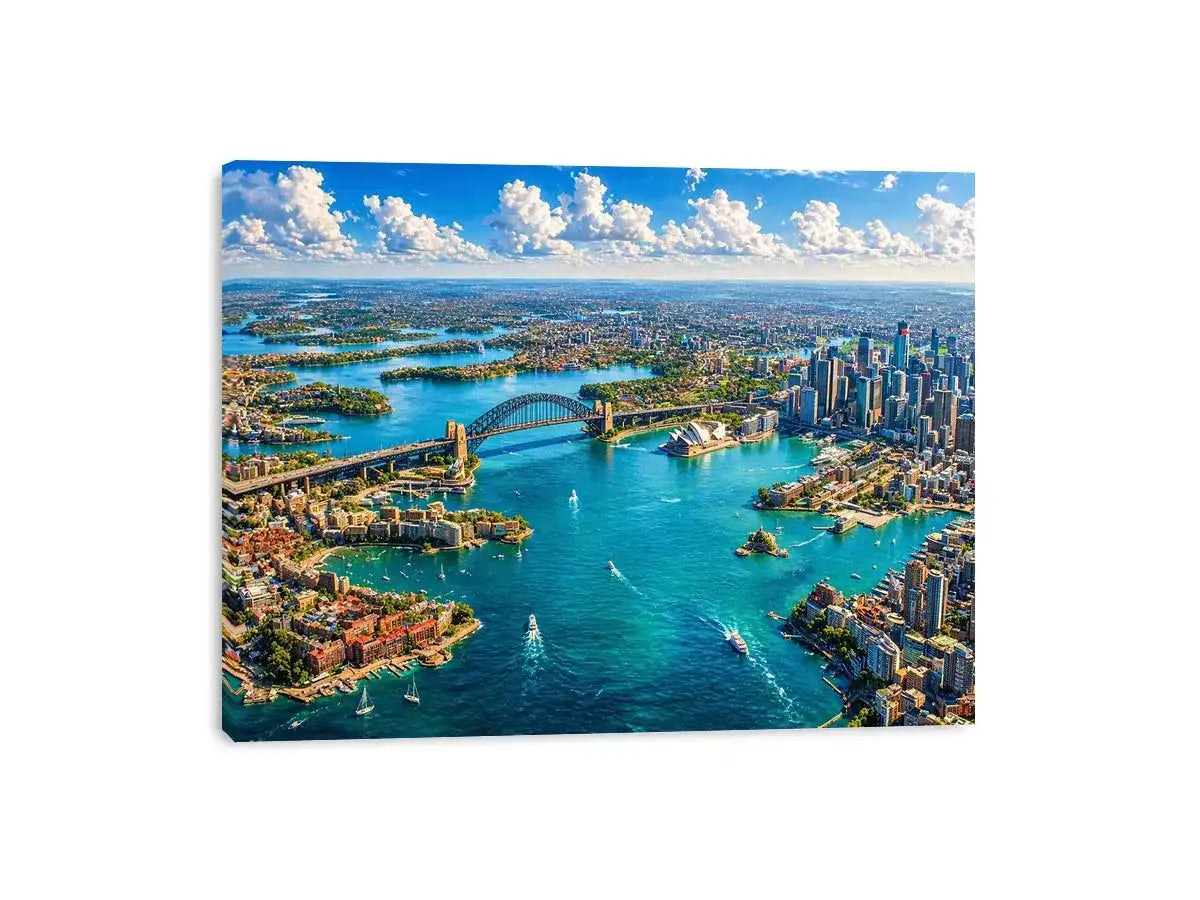 Sydney Harbour Bridge aerial cityscape coastal modern Canvas Print canvas with blue ocean skyline