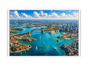 Sydney Harbour Bridge aerial cityscape coastal modern Canvas Print canvas with blue ocean skyline