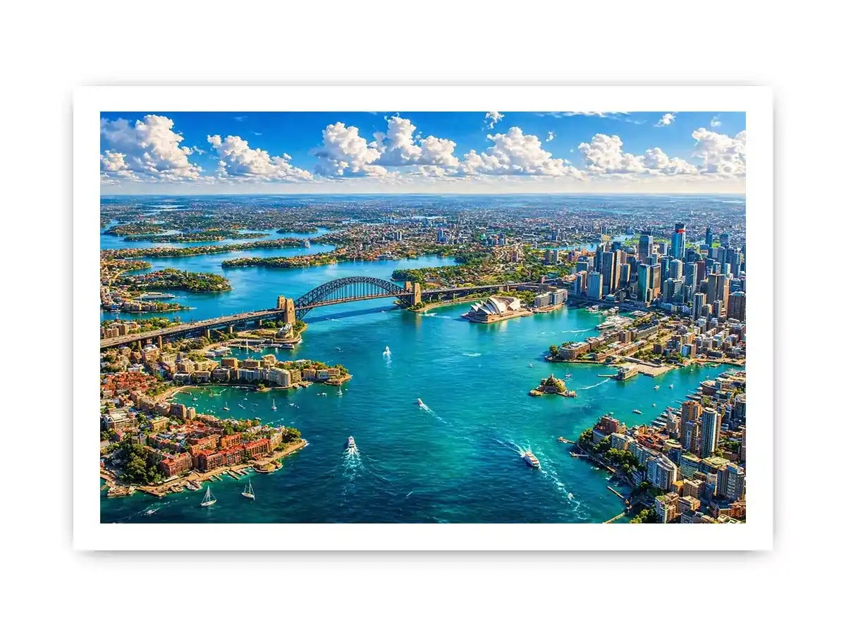 Sydney Harbour Bridge aerial cityscape coastal modern Canvas Print canvas with blue ocean skyline
