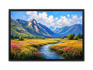 impressionist mountain meadow river landscape Canvas Print canvas serene nature painting