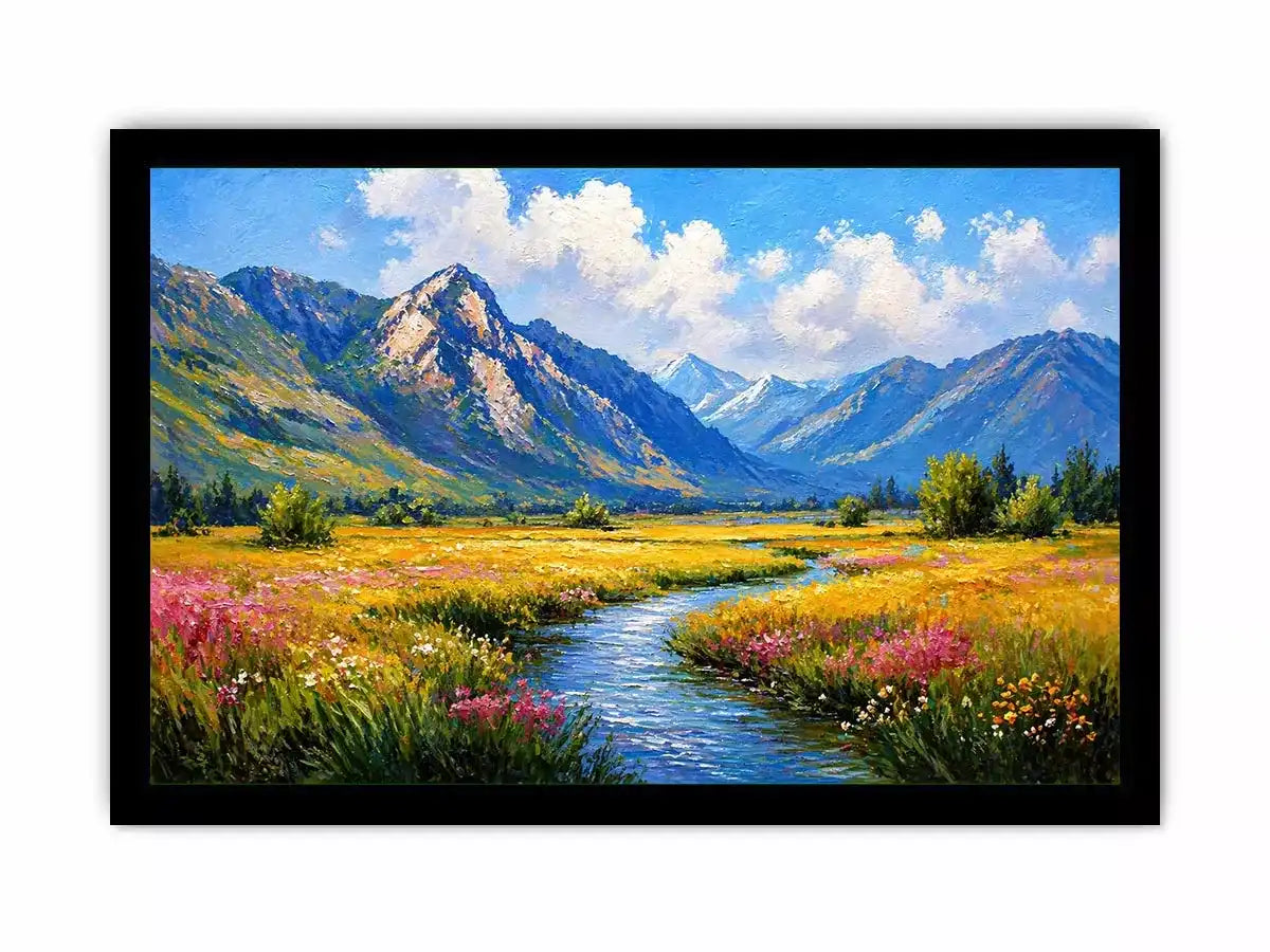 impressionist mountain meadow river landscape Canvas Print canvas serene nature painting