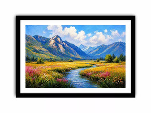 impressionist mountain meadow river landscape Canvas Print canvas serene nature painting