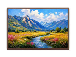 impressionist mountain meadow river landscape Canvas Print canvas serene nature painting