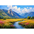 impressionist mountain meadow river landscape wall art canvas serene nature painting