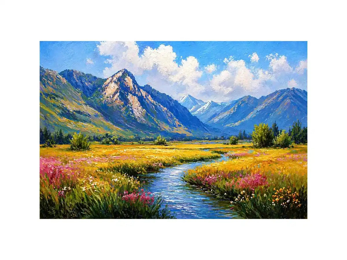 impressionist mountain meadow river landscape Canvas Print canvas serene nature painting