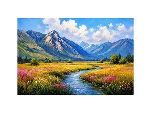 impressionist mountain meadow river landscape Canvas Print canvas serene nature painting