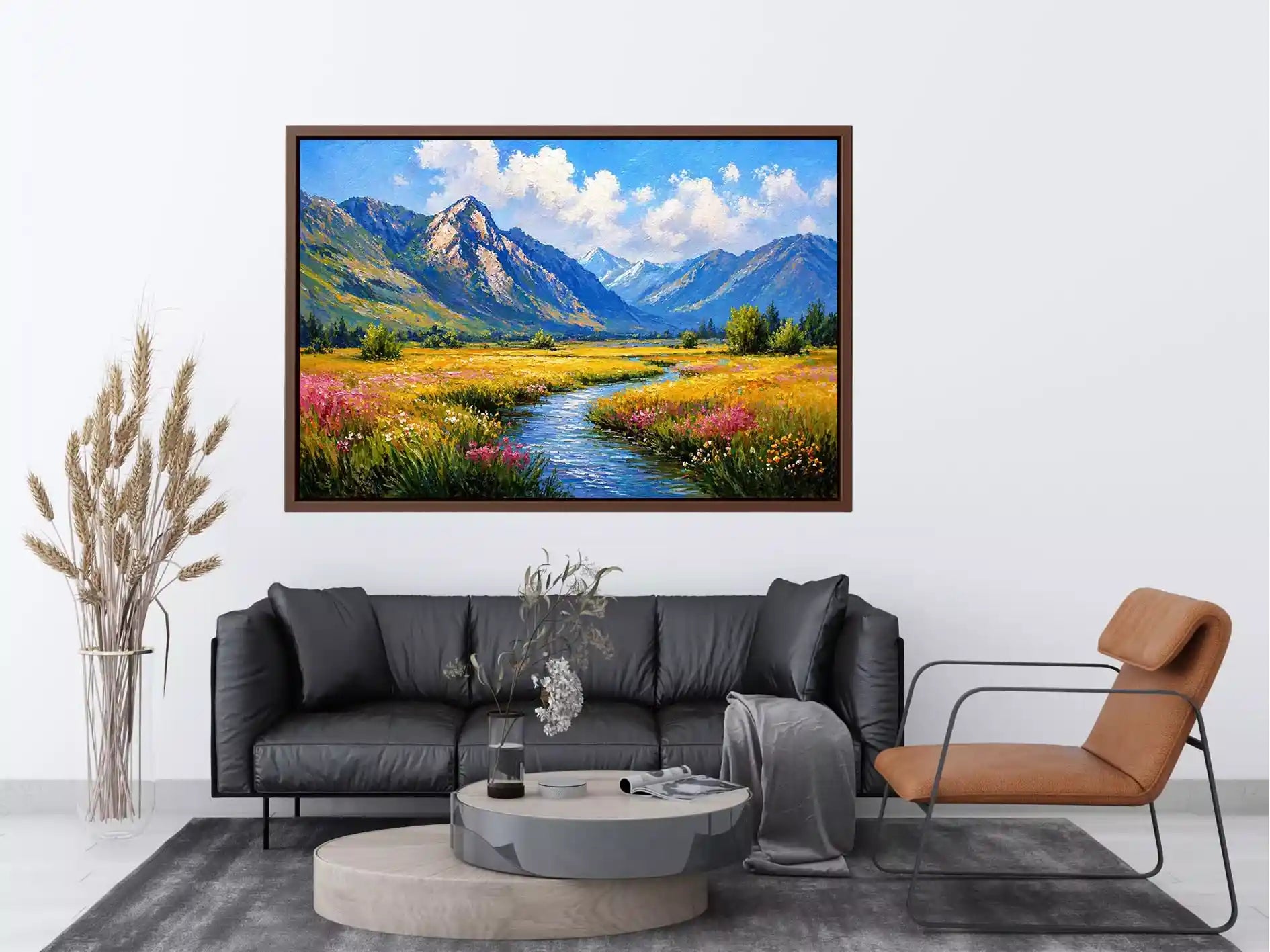 impressionist mountain meadow river landscape Canvas Print canvas serene nature painting