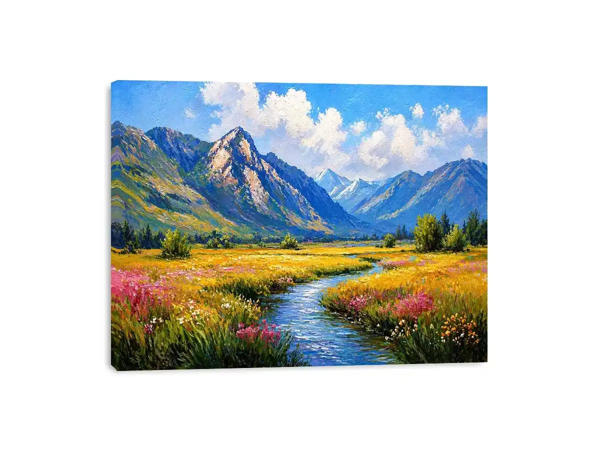 impressionist mountain meadow river landscape Canvas Print canvas serene nature painting