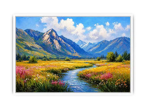 impressionist mountain meadow river landscape Canvas Print canvas serene nature painting
